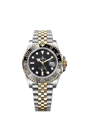 GMT-Master II yellow gold with a black dial and a Jubilee bracelet.